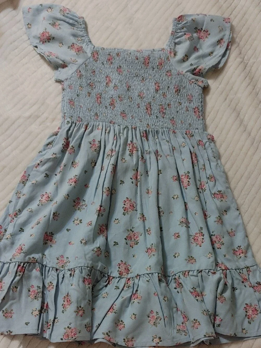 Girls' Blue Floral Smocked Casual Dress